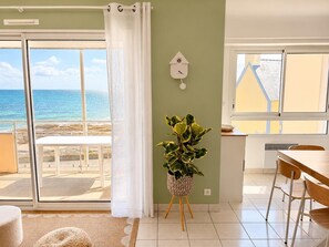 A room with a view of the sea, a dining area, a plant, and a wall-mounted birdhouse.