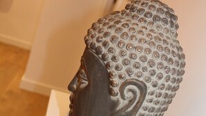 Una scultura raffigurante una testa umana con superficie strutturata, esposta su un piedistallo bianco davanti a una parete liscia.