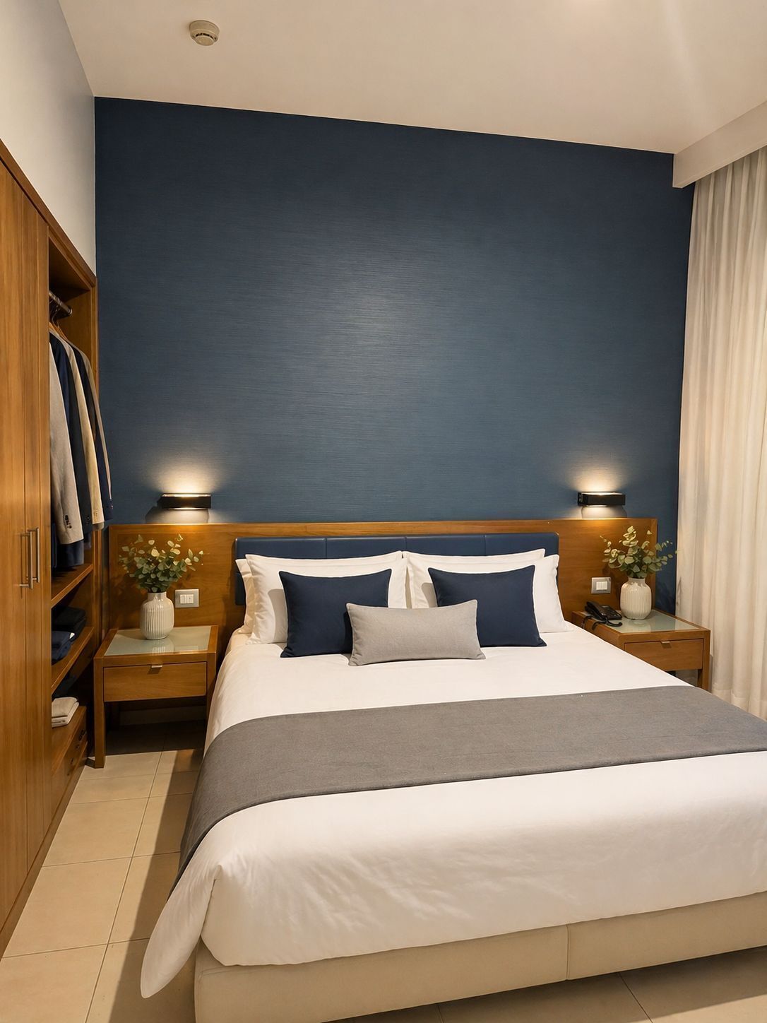 Habitación de hotel con una cama grande, cabecera de madera, dos mesitas de noche con lámparas, un armario y una mesita con un teléfono.