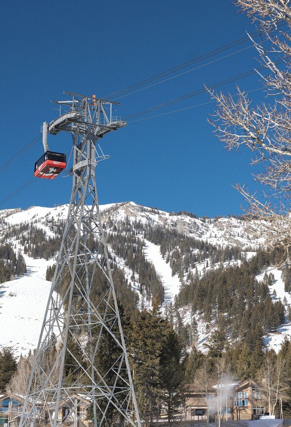 Een kabelbaan systeem met een cabine bevestigd aan een metalen toren, met uitzicht op een met sneeuw bedekte berg, met bomen en gebouwen in de vallei eronder.