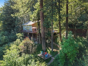 A treehouse with a deck, surrounded by dense forest. - Bella Vista ~ Riverfront, Hot Tub, Guest Favorite! (Guerneville)