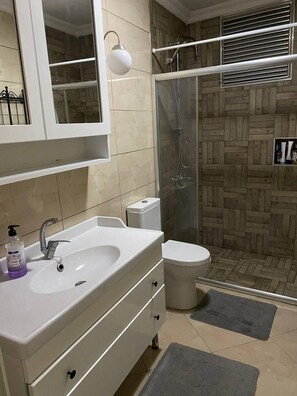 Secadora de cabello, toallas, jabón, papel de baño 