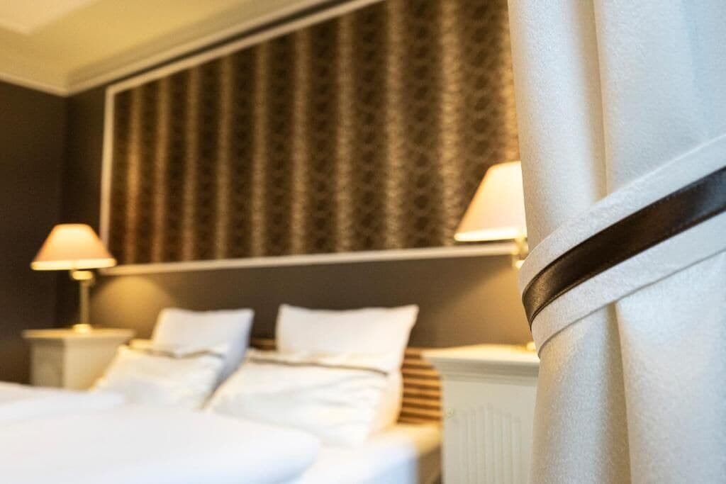 Desk, laptop workspace, blackout curtains, free WiFi