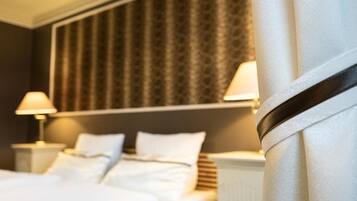 Desk, laptop workspace, blackout curtains, free WiFi