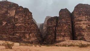 A desert landscape with large rock formations and sparse vegetation. - Wadi Rum Adventure Camp (Wadi Rum)