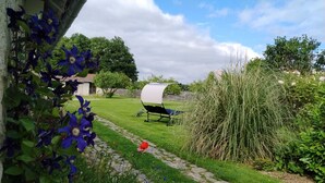 Een tuin met een barbecue, een pad van stenen en weelderige beplanting.