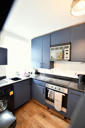 Fridge, microwave, coffee/tea maker, cookware/dishes/utensils