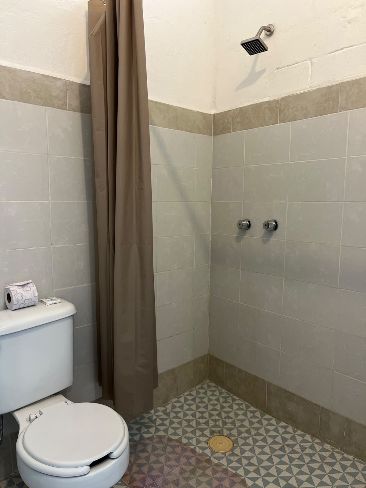 Baño con inodoro, ducha y baldosas de suelo estampadas.