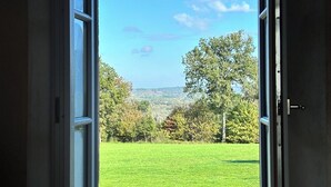 Ein offenes Fenster mit Blick auf ein grasbewachsenes Feld und Bäume.
