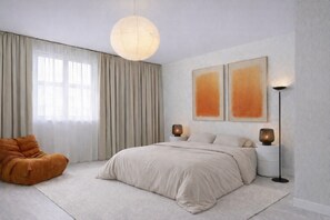 A modern bedroom with a large bed, a hanging light fixture, two wall-mounted lamps, and a bean bag chair.