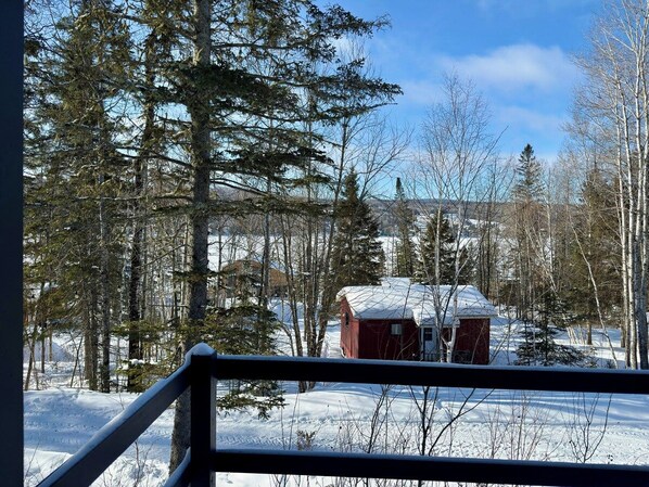 A snowy landscape with a cabin and trees.