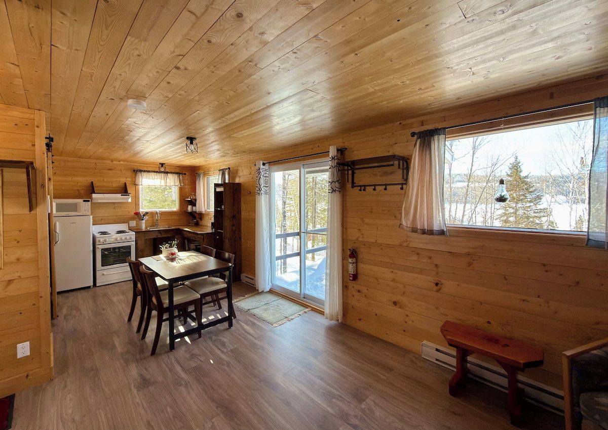 L’intérieur d’un chalet en bois comprend une cuisine, un coin repas et un banc.