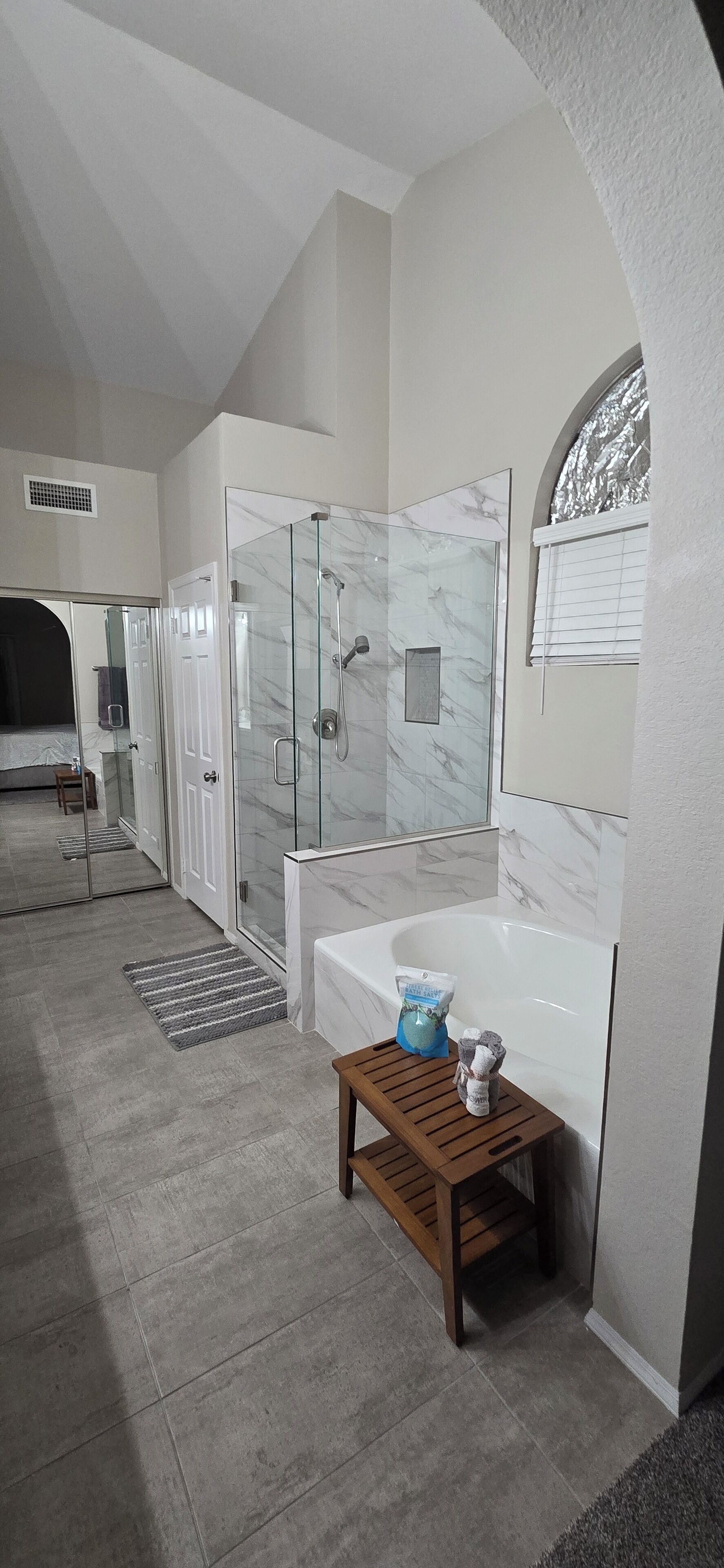 Shower, towels, soap, toilet paper