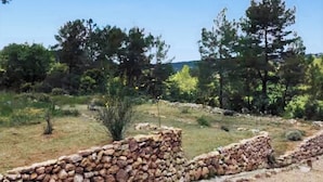 Un muro de piedra con un área cubierta de césped y árboles al fondo.