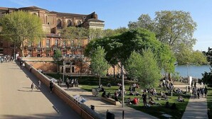 A spacious outdoor area with a long pathway, seating areas, and a large tree. - Le petit Toulousaing - Capitole apartment (Toulouse)