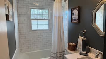 Hair dryer, towels, soap, toilet paper