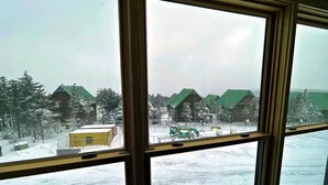 Een raam met uitzicht op een besneeuwd landschap, inclusief huizen en een groen voertuig.