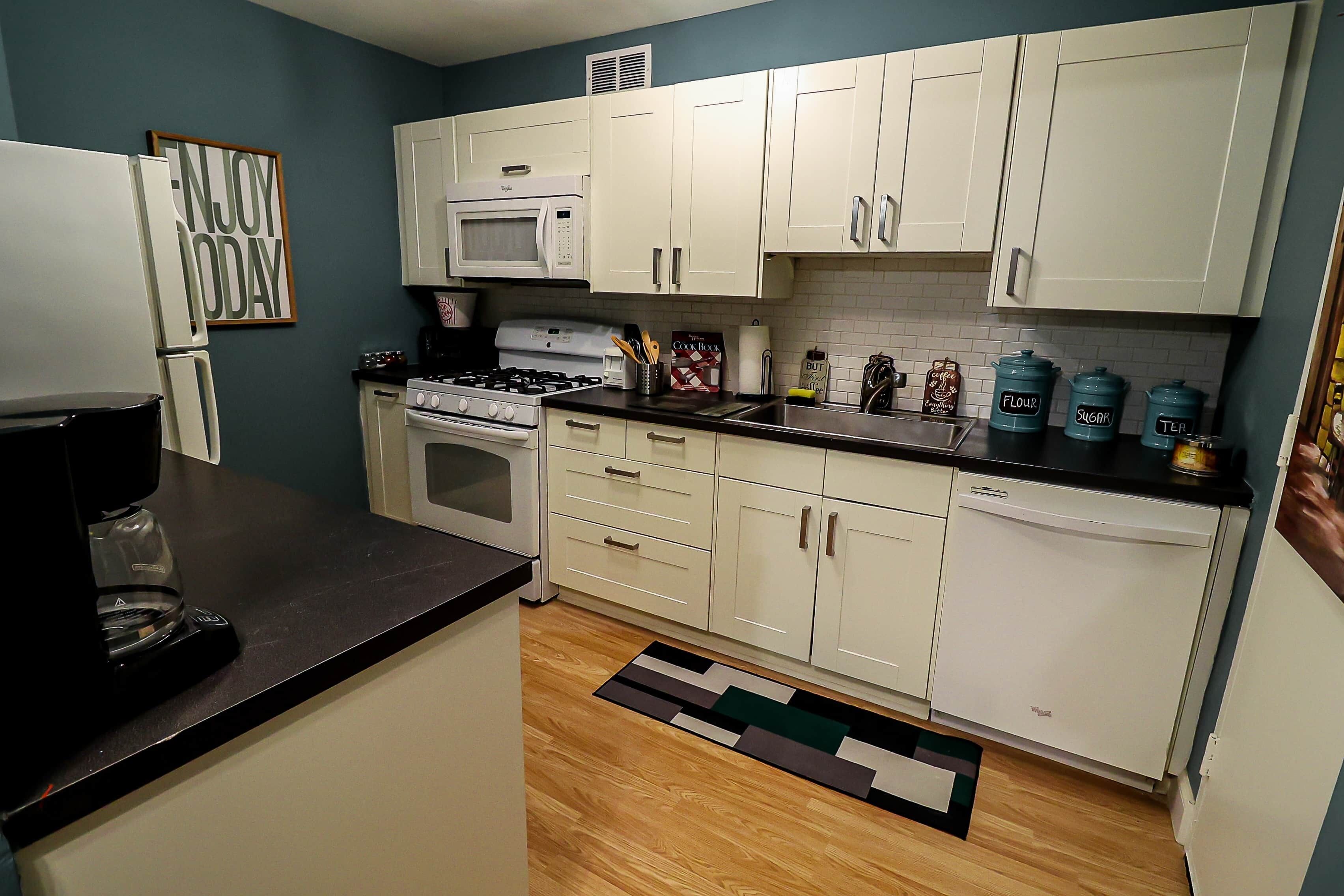 Fridge, microwave, oven, dishwasher