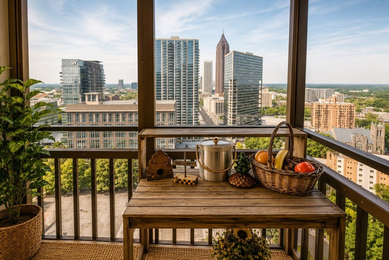 A balcony with a view of a cityscape, a wooden table with kitchenware, and a potted plant.