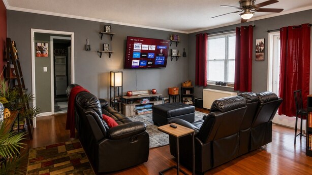 A living room with a flat-screen TV, leather sofas, a coffee table, and a red rug. - Modern Designed DTWN Condo with a 99% Walk Score (Atlanta)