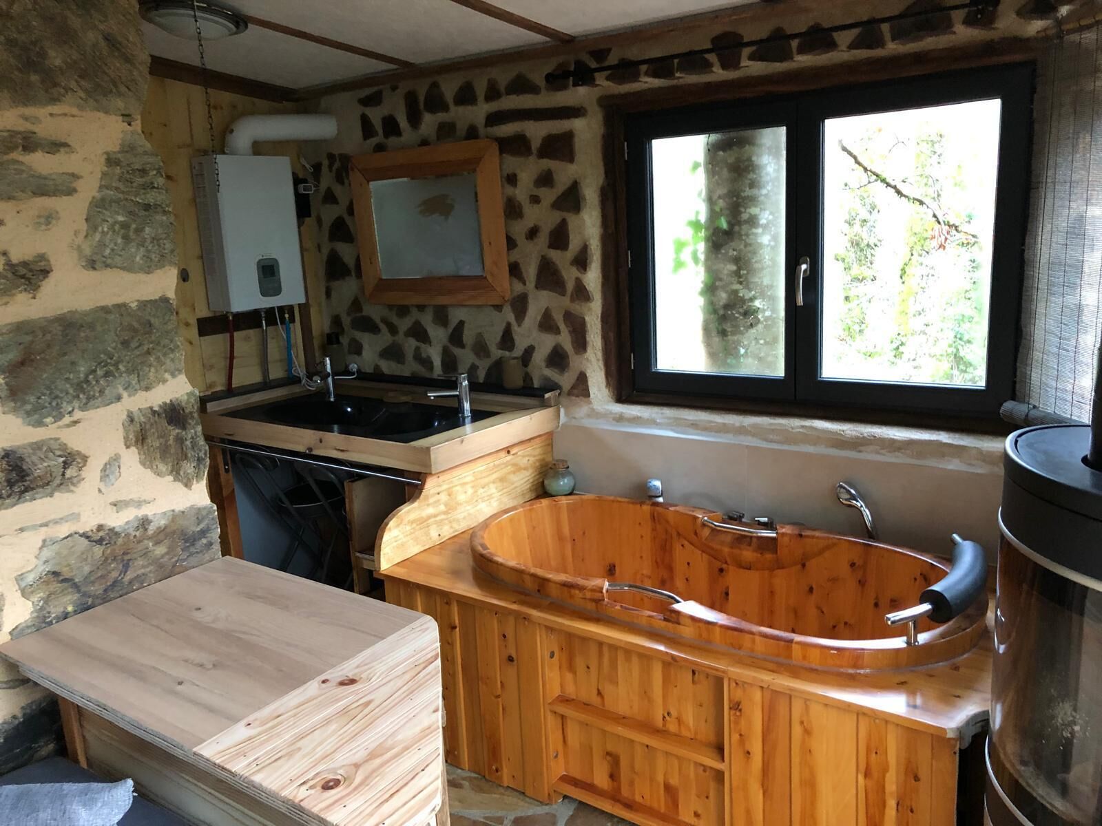 Jetted tub, towels, soap, toilet paper