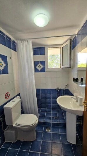 Een badkamer met toilet, wastafel en douche.