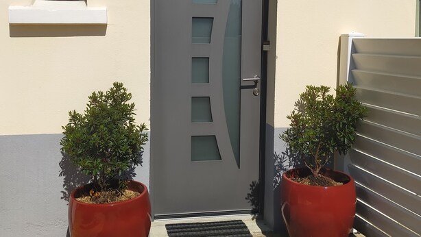 Une entrée moderne avec une porte grise, des plantes en pot, une petite fenêtre et un luminaire fixé au mur.