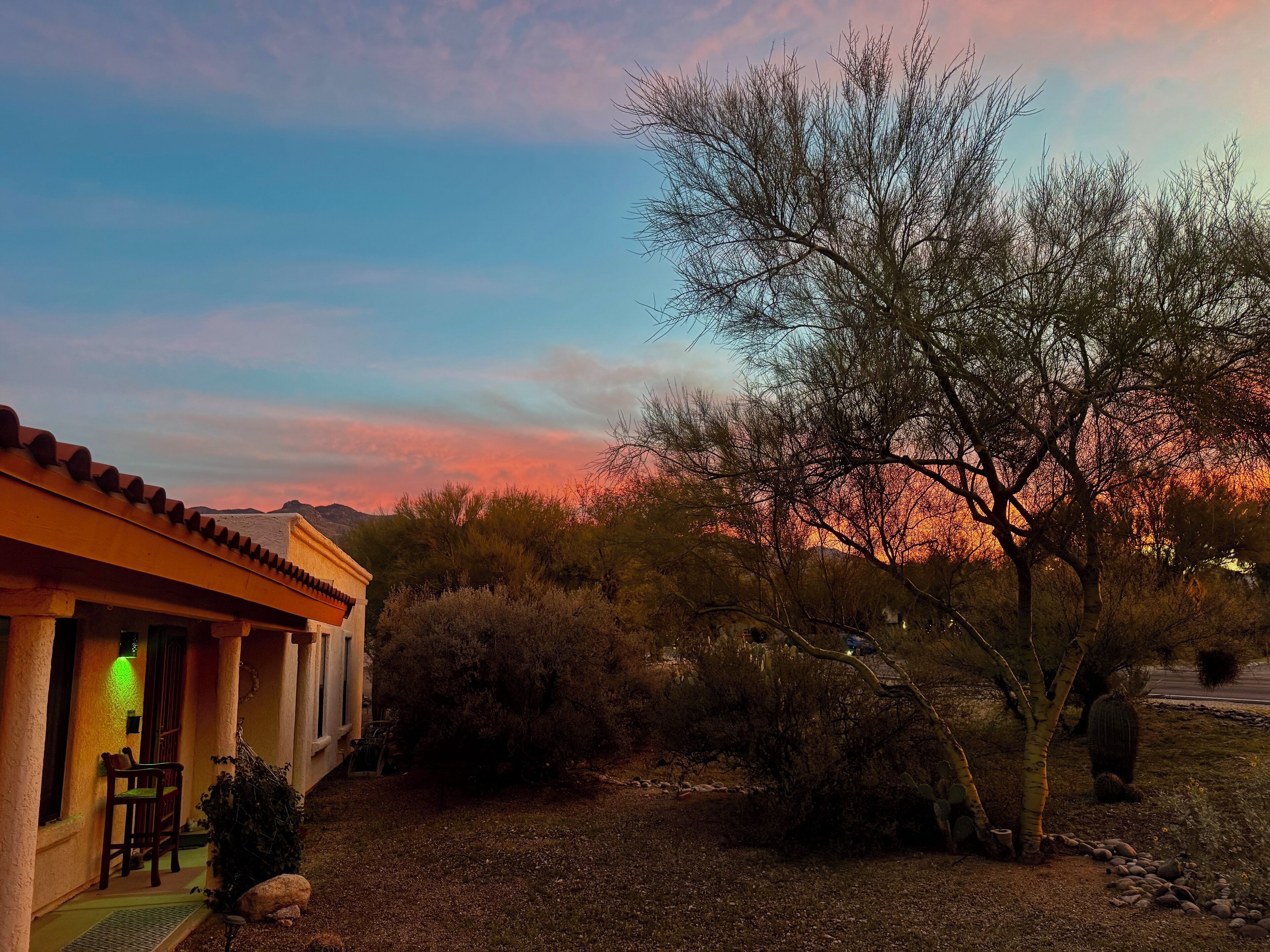 A house with a patio, a tree, and a desert landscape.