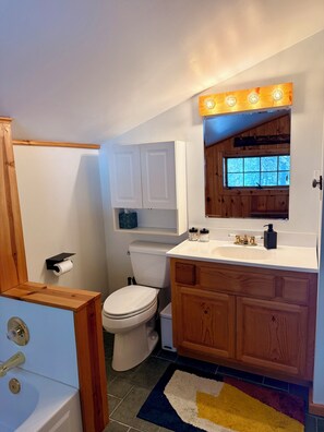 Hair dryer, towels, soap, shampoo