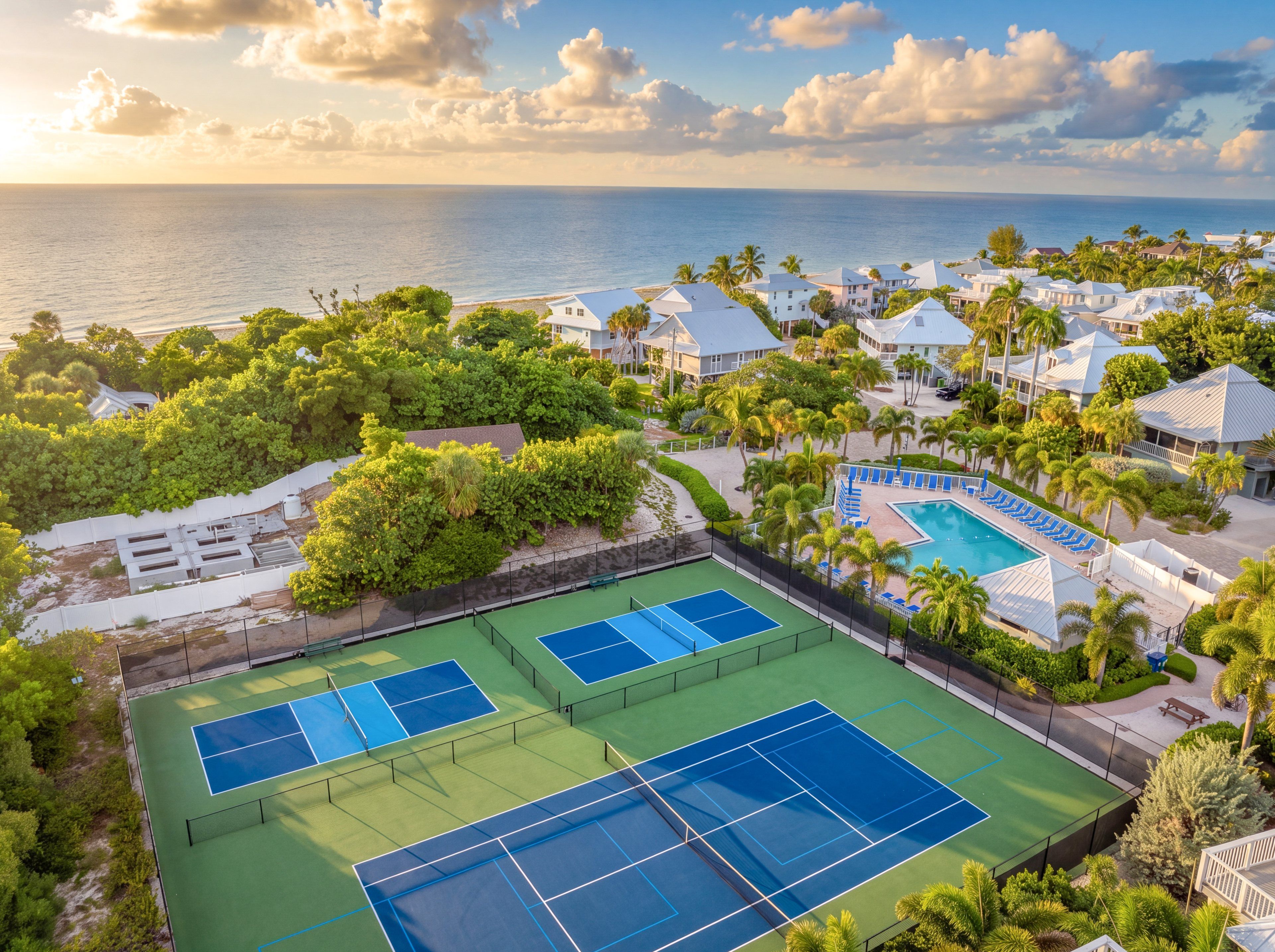 Un complejo turístico con múltiples canchas de tenis, una piscina y vistas al océano.