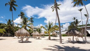 Une plage bordée de palmiers, dotée de parasols en chaume et de chaises longues.