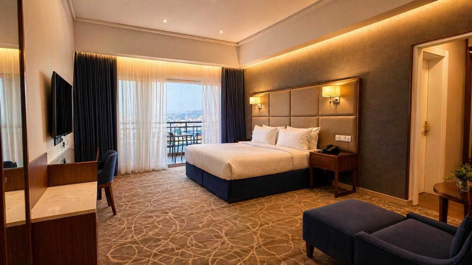 خزنة داخل الغرفة وستائر تعتيم وتجهيزات عازلة للصوت ومكواة/لوح كي