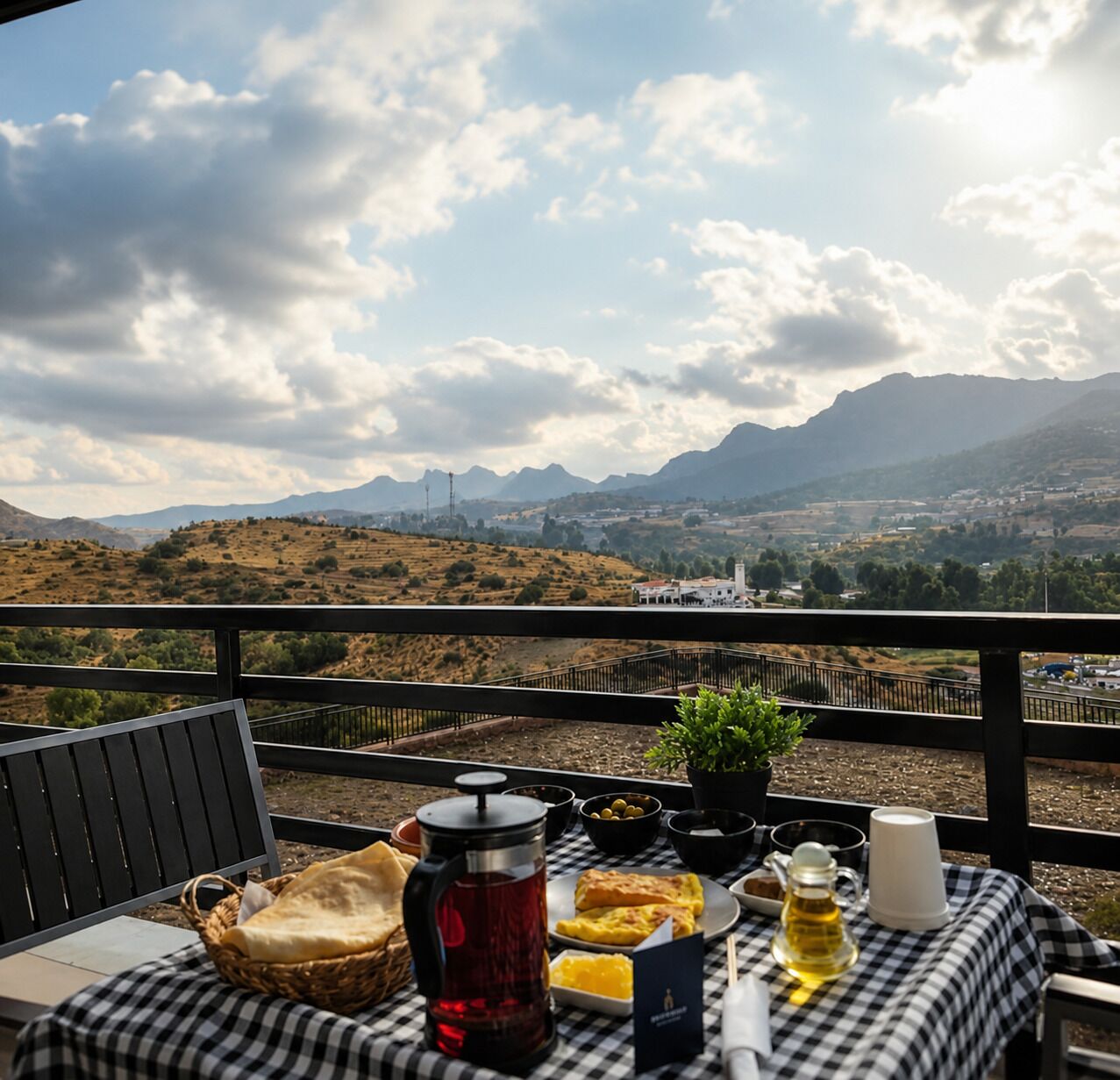 A table set with food and drinks on a balcony overlooking a mountainous landscape.