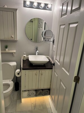 A bathroom with a white sink, a mirror, and a toilet. There is a shelf with a plant and a roll of toilet paper. - Gorgeous 3-bedroom home in charming Central Lonsdale (North Vancouver)