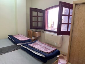 A room with two beds, a wooden chair, a window with a view, and a radiator.