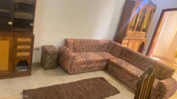 Een woonkamer met een sofa met een patroon, een bruin vloerkleed en een houten kast.
