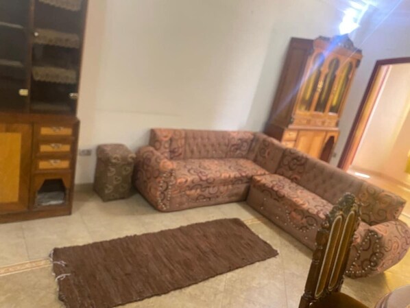A living room with a patterned sofa, a brown rug, and a wooden cabinet.