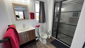 A modern bathroom with a wooden vanity, a toilet, and a glass shower enclosure.