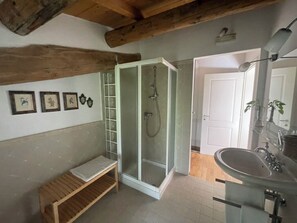 Shower, hair dryer, bidet, towels
