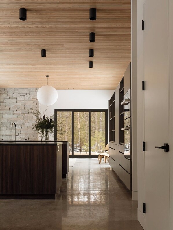A modern kitchen with a wooden ceiling, stone wall backsplash, and large windows. - Cedar & Glass | Fish Creek Modern Forest Retreat (Fish Creek)