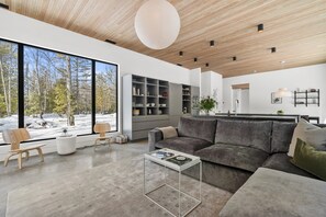 Een smart-tv, een open haard, boeken en een stereo