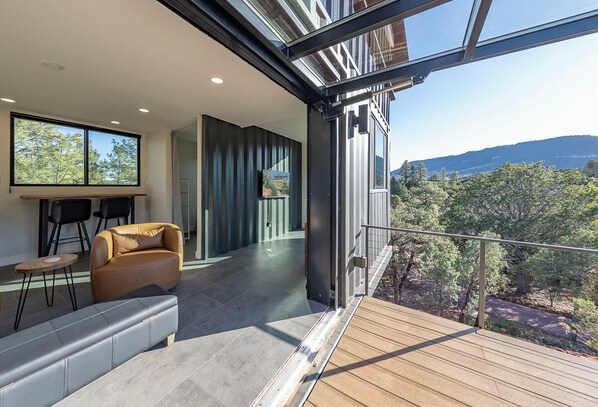 A modern interior with a sofa, chairs, a TV, and a balcony with a view. - PINE unCONTAINED - Modern container home with a wildlife pond & mountain views! (Pine)
