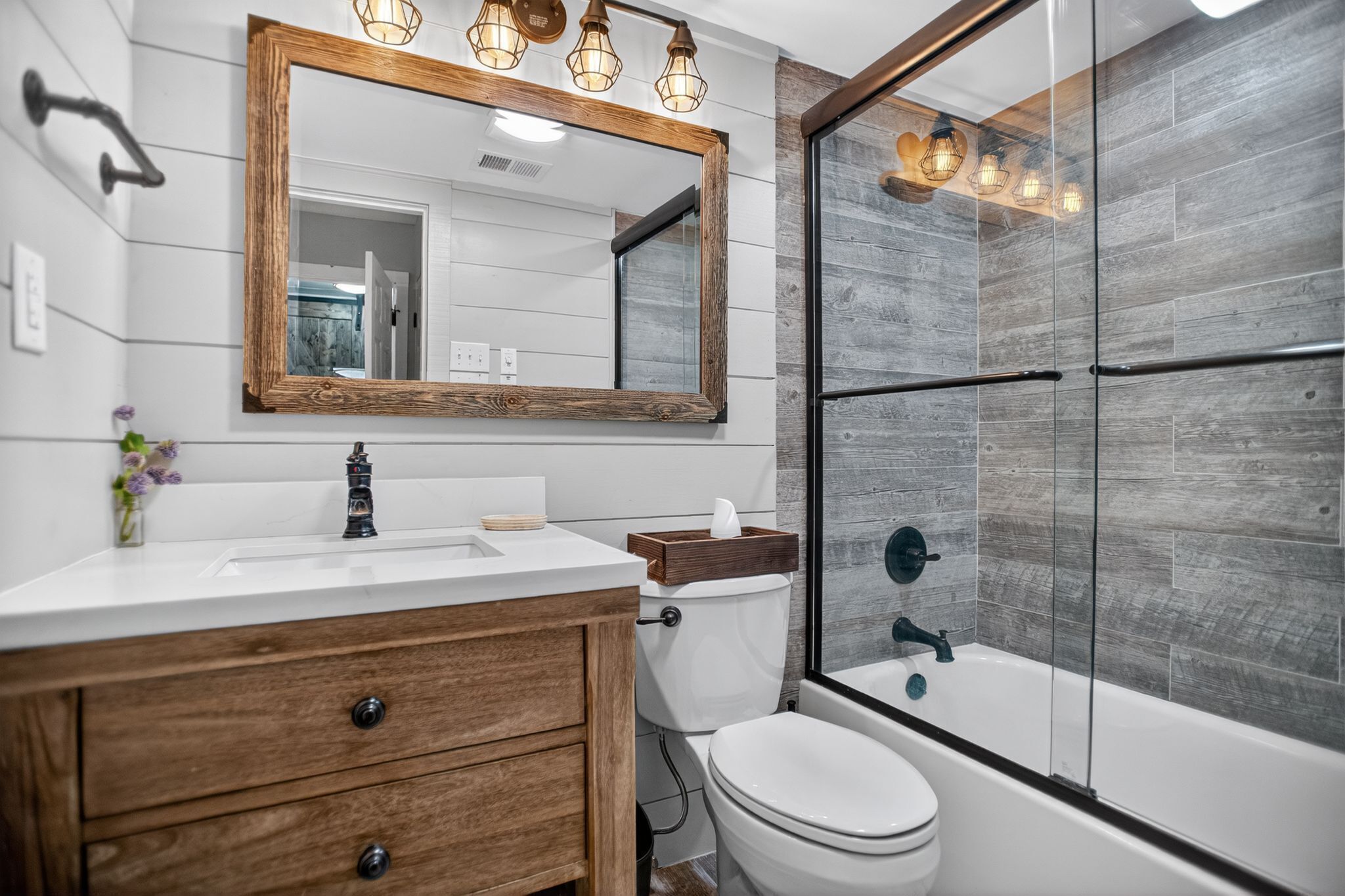 Hair dryer, towels, soap, shampoo