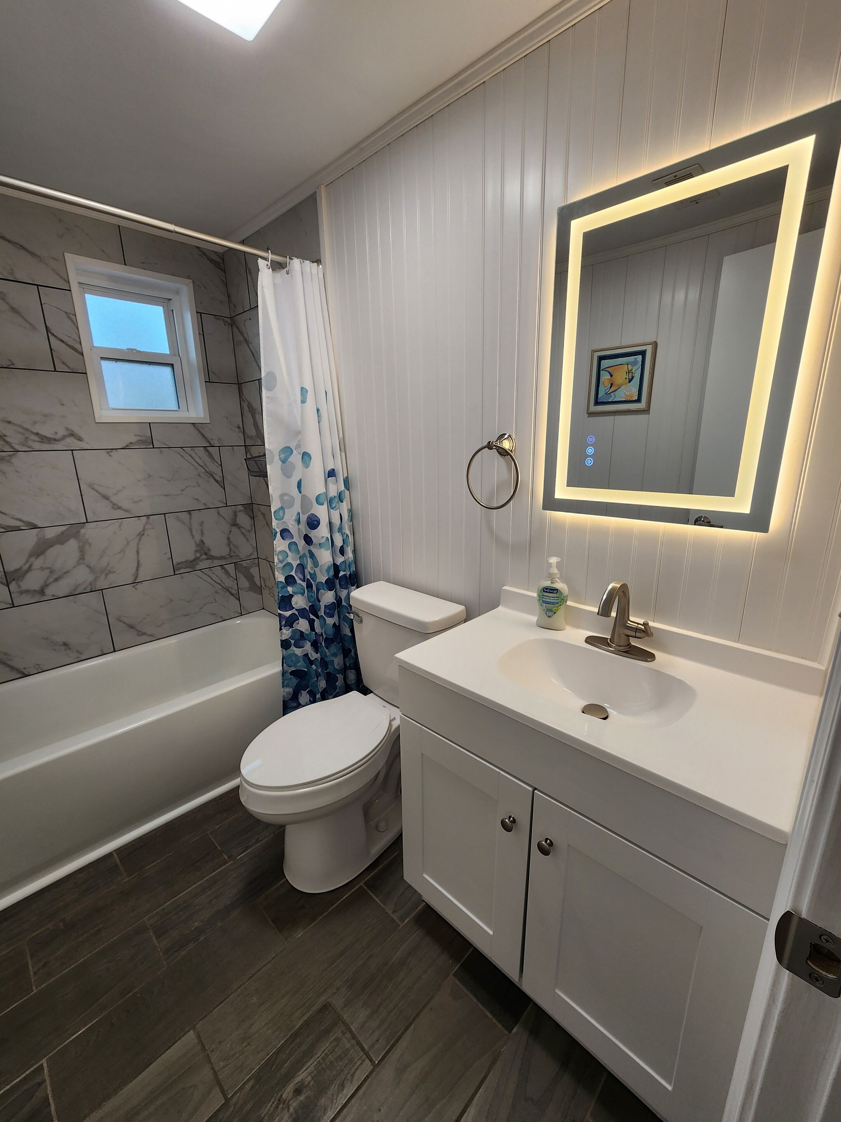 Hair dryer, towels, soap, shampoo