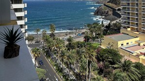A coastal view with a road, palm trees, and a building with balconies overlooking the sea. - Palmeraie Studio - Sea view and pool (Puerto de la Cruz)