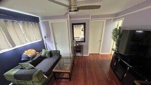 A living room with a sofa, a coffee table, a TV, and a ceiling fan.