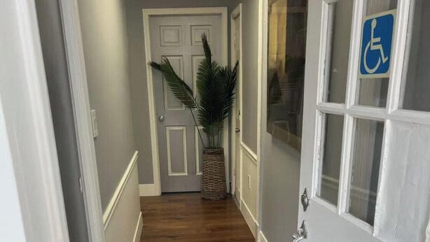 A hallway with wooden flooring, white doors, and a potted plant.