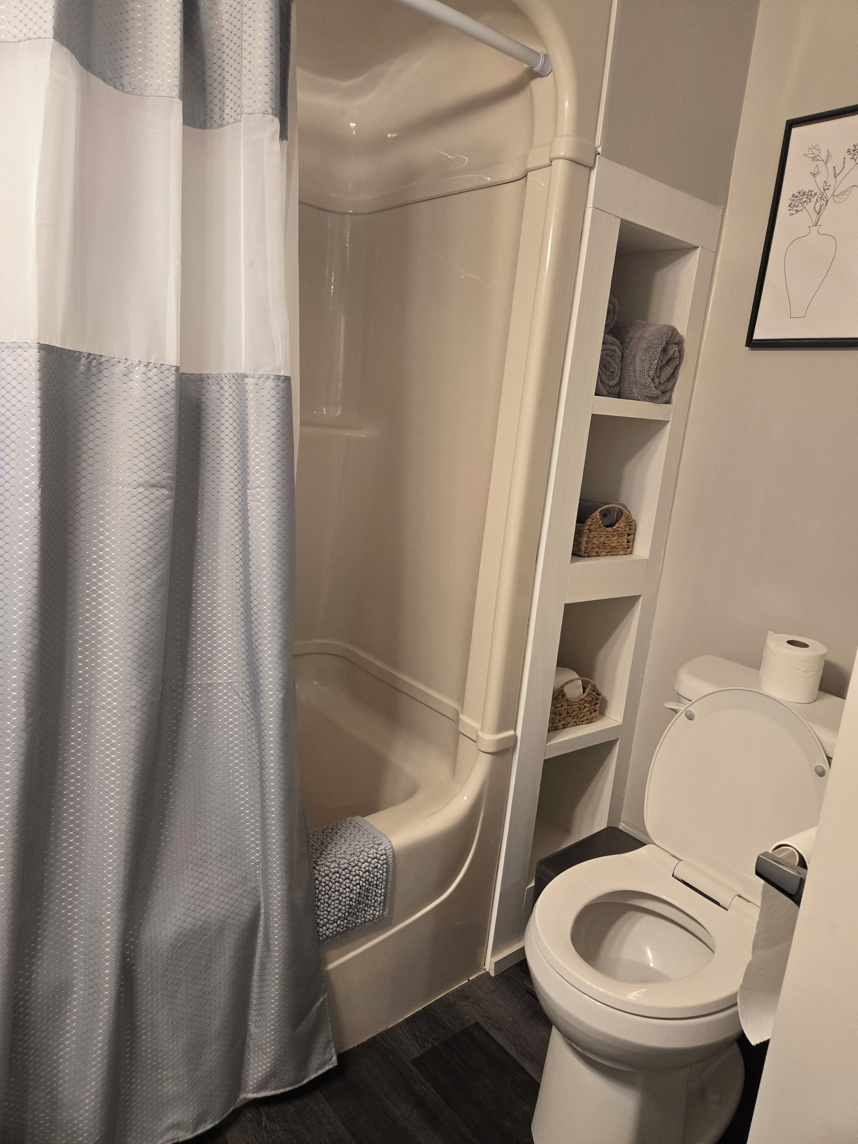 Hair dryer, towels, soap, toilet paper