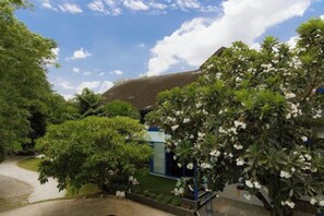 Un jardín con un sendero que lleva a un edificio con una puerta azul.