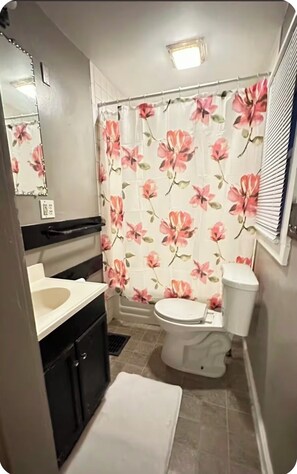 Hair dryer, towels, soap, toilet paper